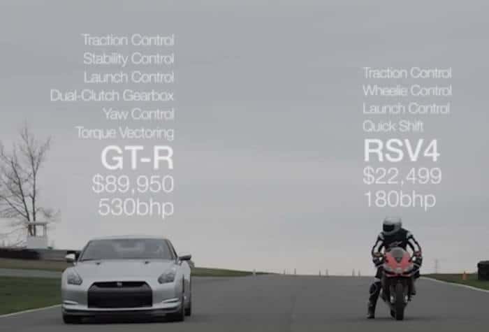 Cara a cara: Aprilia RSV4 Factory APRC SE vs Nissan GT-R